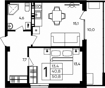 1-комн., 40.8 м²