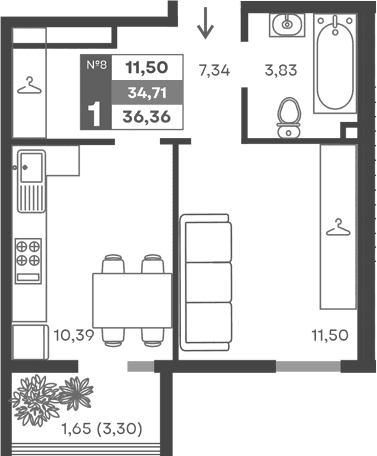1-комн., 33.06 м²