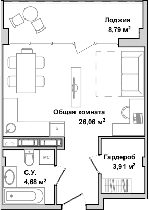Студия, 34.65 м²