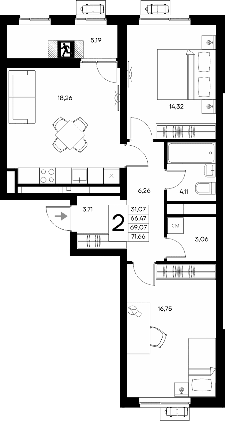 2-комн., 66.47 м²