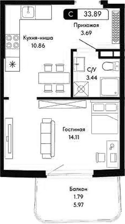 Студия, 32.1 м²