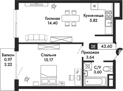 2-комн., 42.63 м²