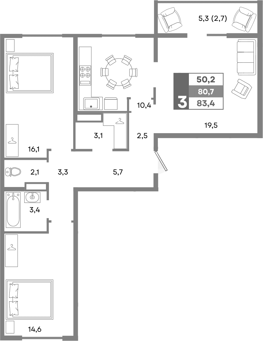 3-комн., 80.7 м²
