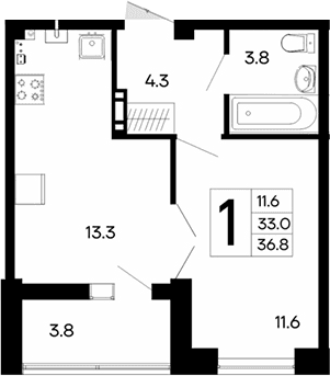 1-комн., 33 м²