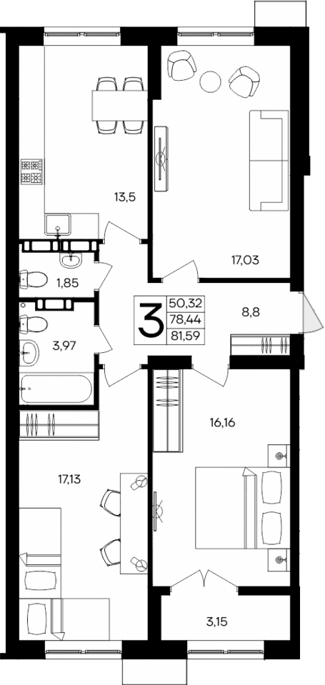 3-комн., 78.44 м²