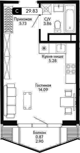 Студия, 28.96 м²