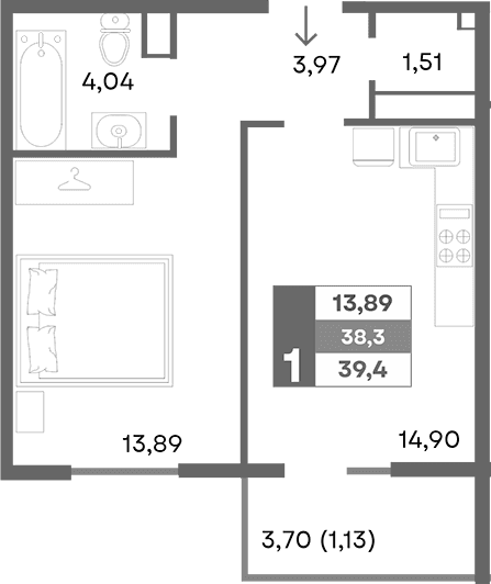 1-комн., 38.27 м²