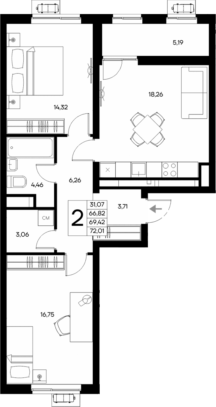 2-комн., 66.82 м²