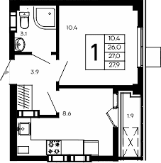 1-комн., 26 м²