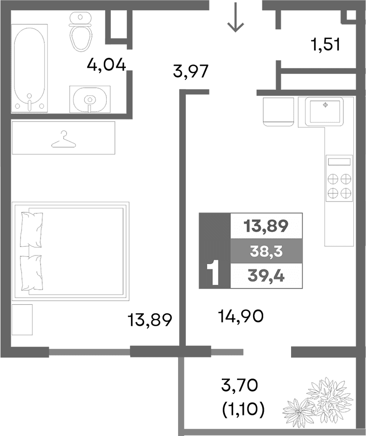 1-комн., 38.3 м²