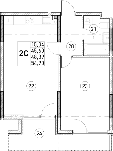 1-комн., 45.6 м²