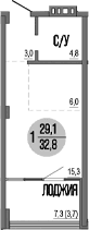 Студия, 29.1 м²