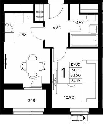 1-комн., 31.01 м²