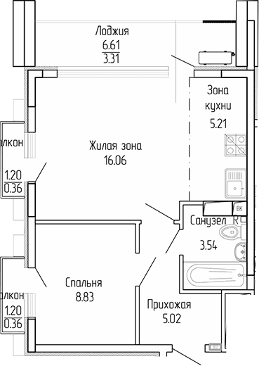 1-комн., 38.66 м²