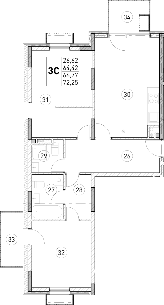 3-комн., 64.42 м²