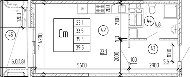 Студия, 33.5 м²