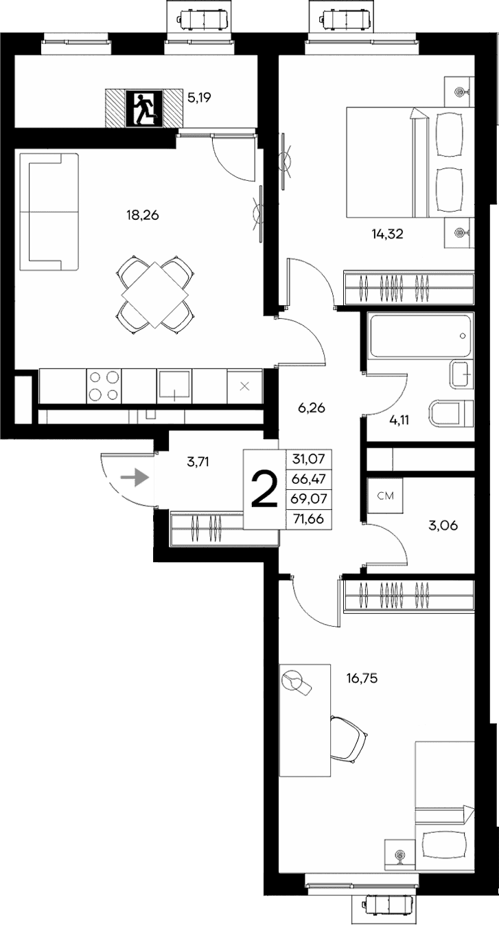 2-комн., 66.47 м²