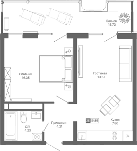 2-комн., 46.16 м²