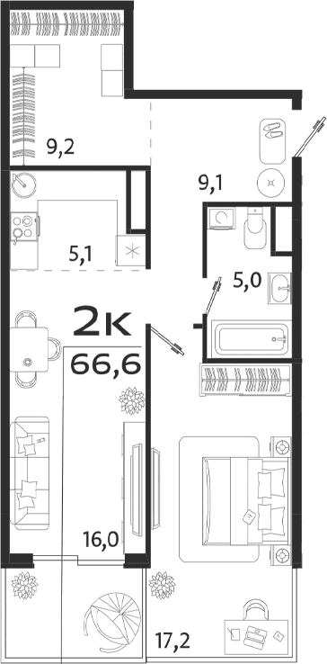 2-комн., 61.6 м²