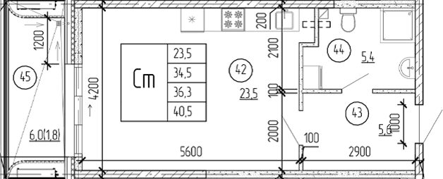 Студия, 34.5 м²