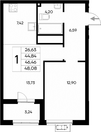 1-комн., 44.84 м²