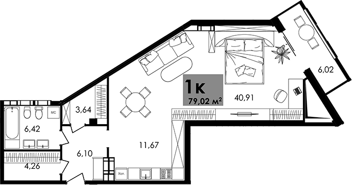 Студия, 73 м²