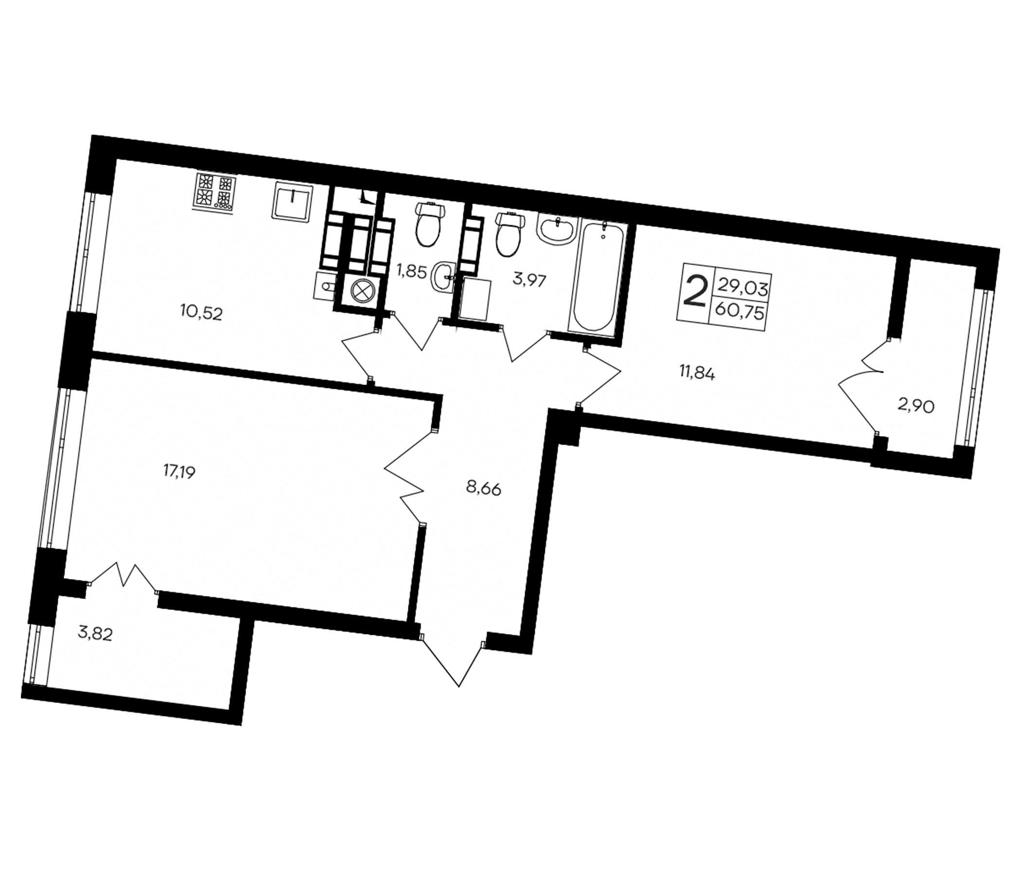 2-комн., 54.03 м²