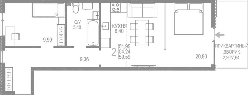 2-комн., 57.3 м²