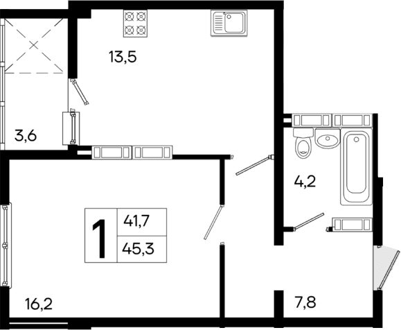 1-комн., 41.7 м²
