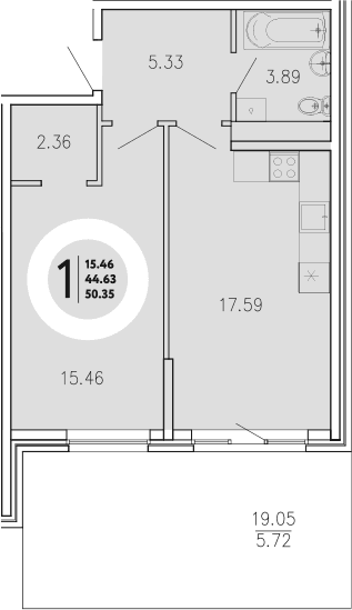 1-комн., 44.63 м²