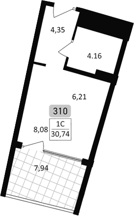 Студия, 22.8 м²