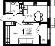 1-комн., 34.61 м²