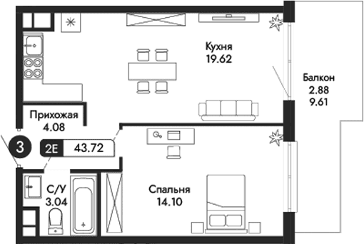 2-комн., 40.84 м²