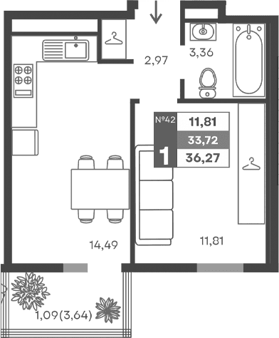 1-комн., 32.63 м²