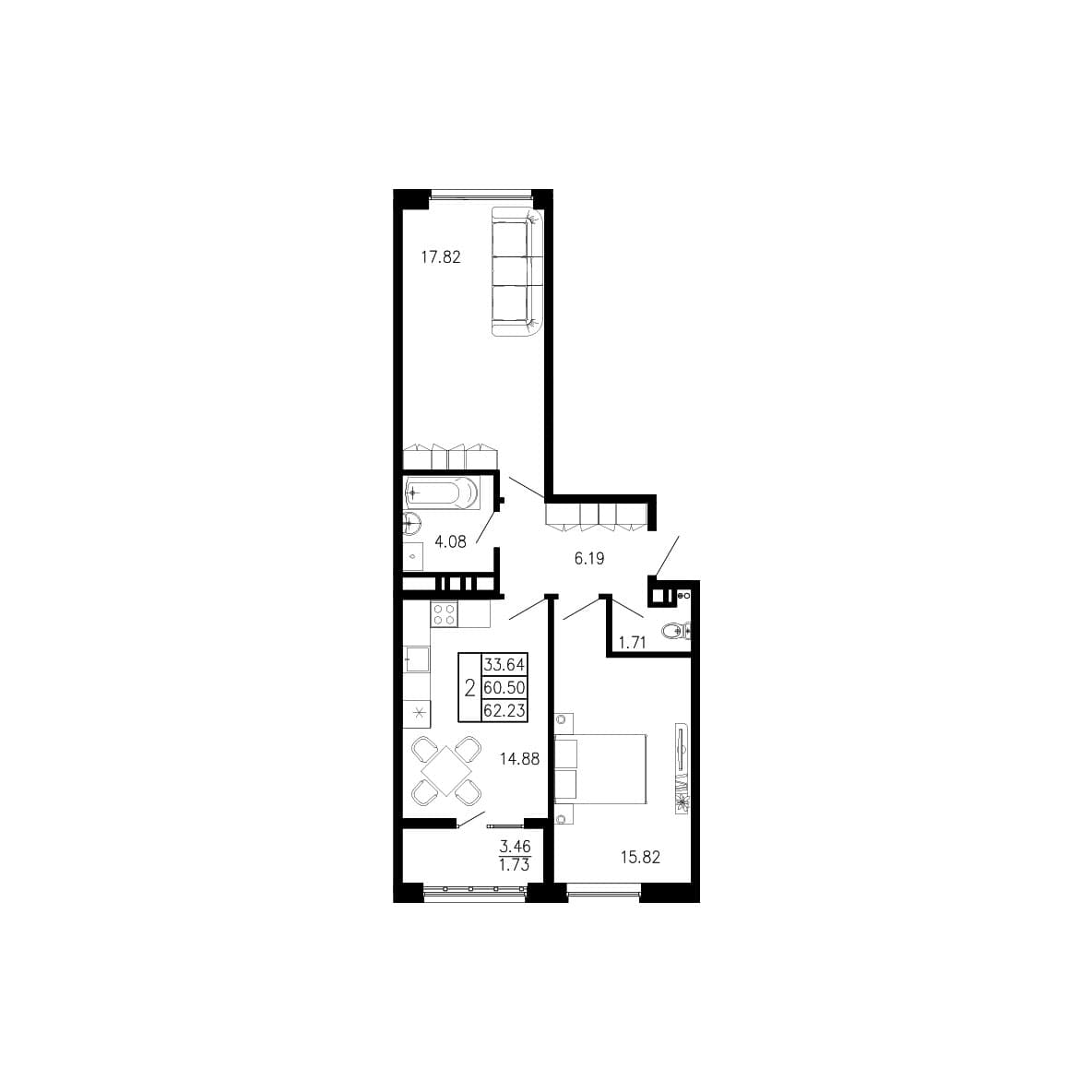 2-комн., 60.5 м²