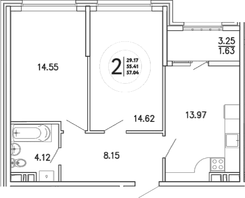 2-комн., 55.41 м²