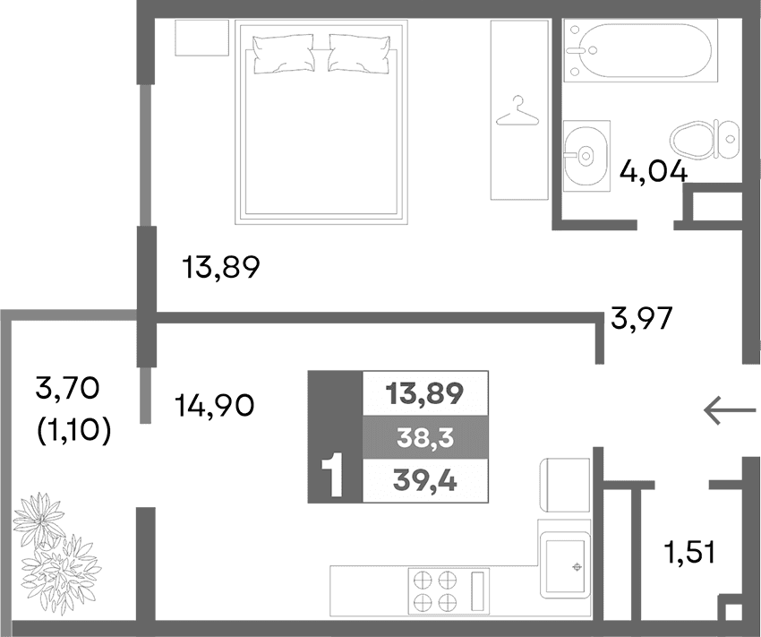 1-комн., 38.3 м²