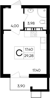 Студия, 25.38 м²