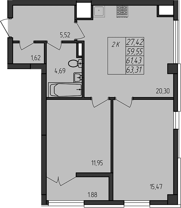 2-комн., 59.55 м²