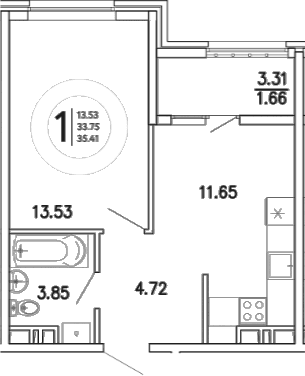 1-комн., 33.75 м²