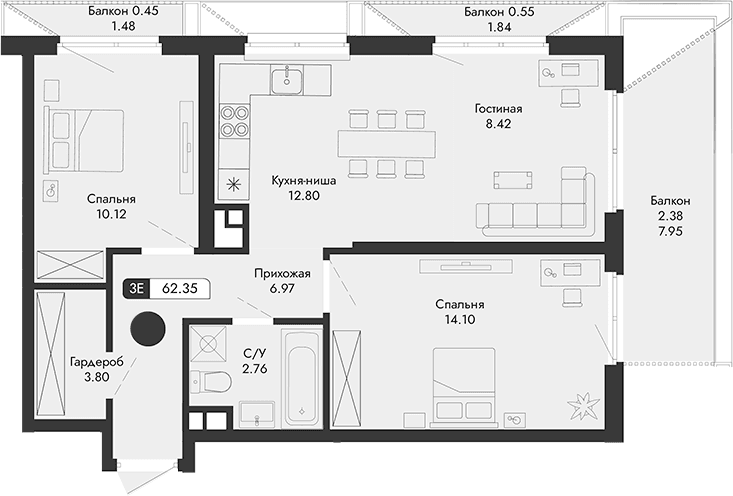 3-комн., 58.97 м²