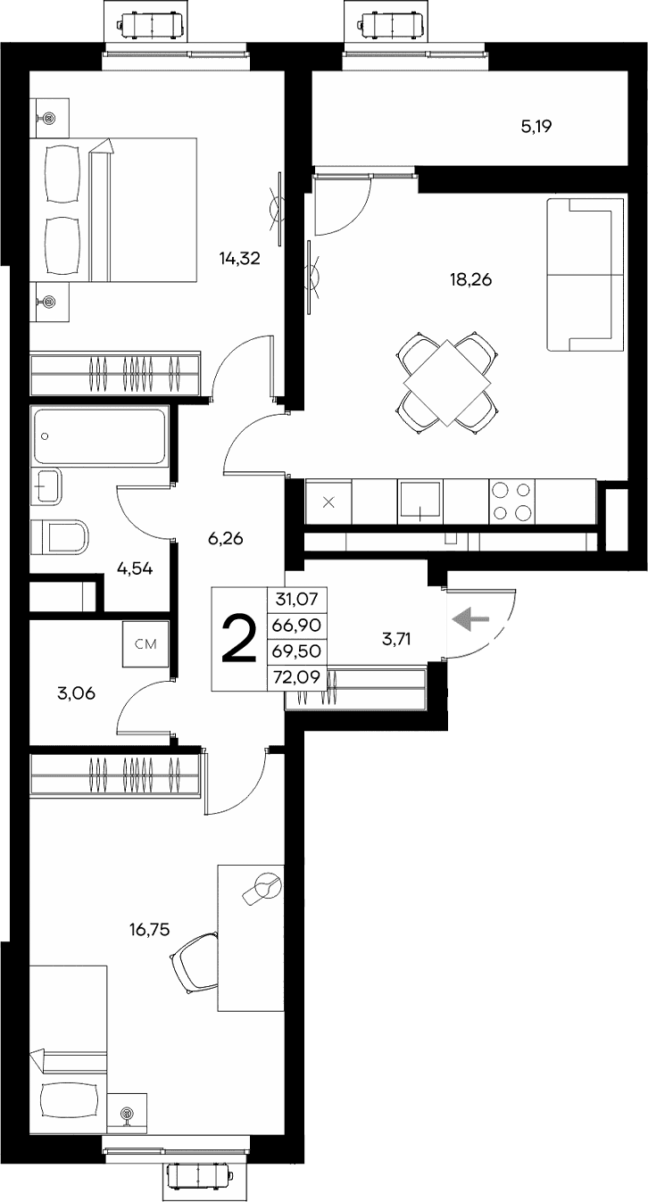 2-комн., 66.9 м²