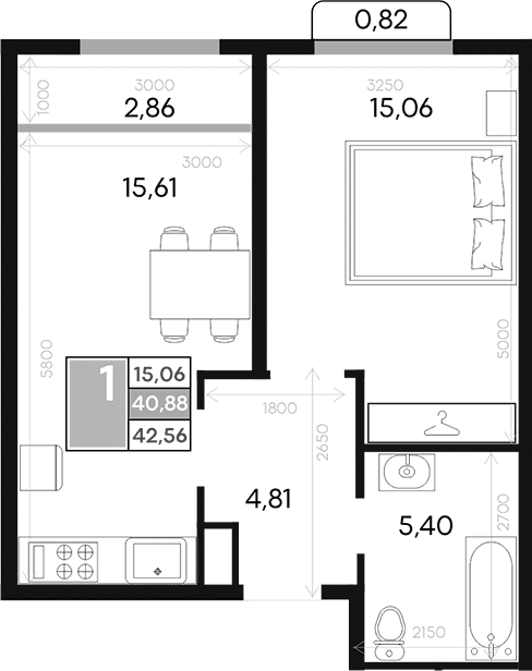 1-комн., 40.88 м²