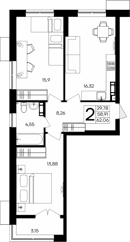 2-комн., 58.91 м²