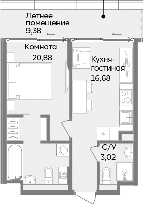 2-комн., 40.58 м²