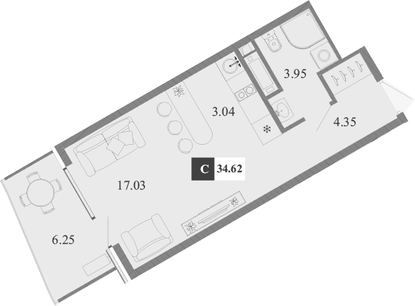 Студия, 28.37 м²
