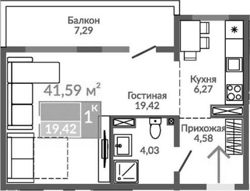 Студия, 34.3 м²