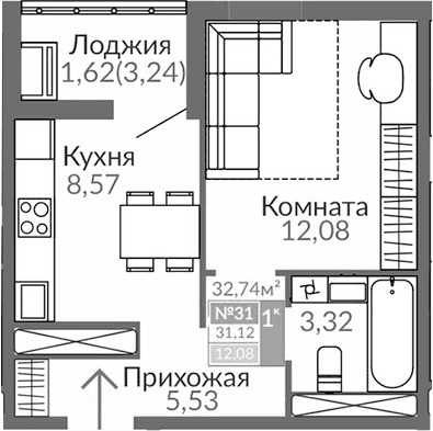 1-комн., 29.5 м²