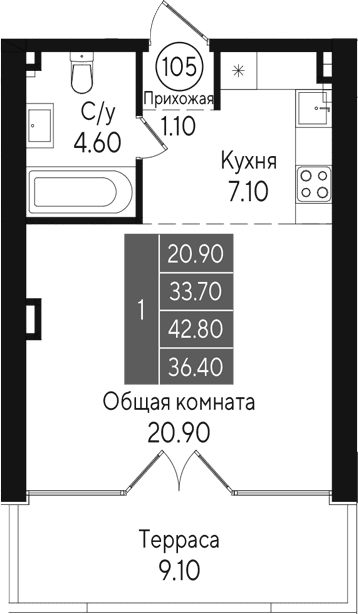 Студия, 33.7 м²