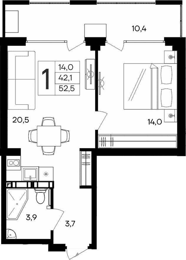 1-комн., 42.1 м²